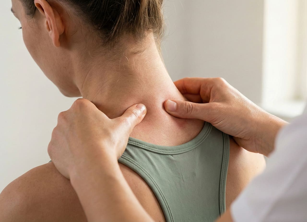 Frau wird mit Krankgengymnastik am Nacken behandelt